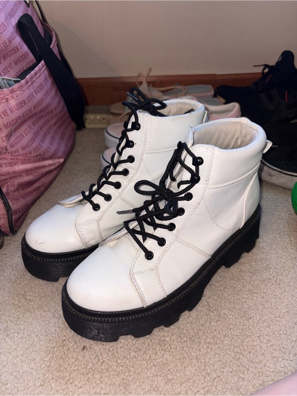 White Lace-Up Platform Combat Boots with Black Soles